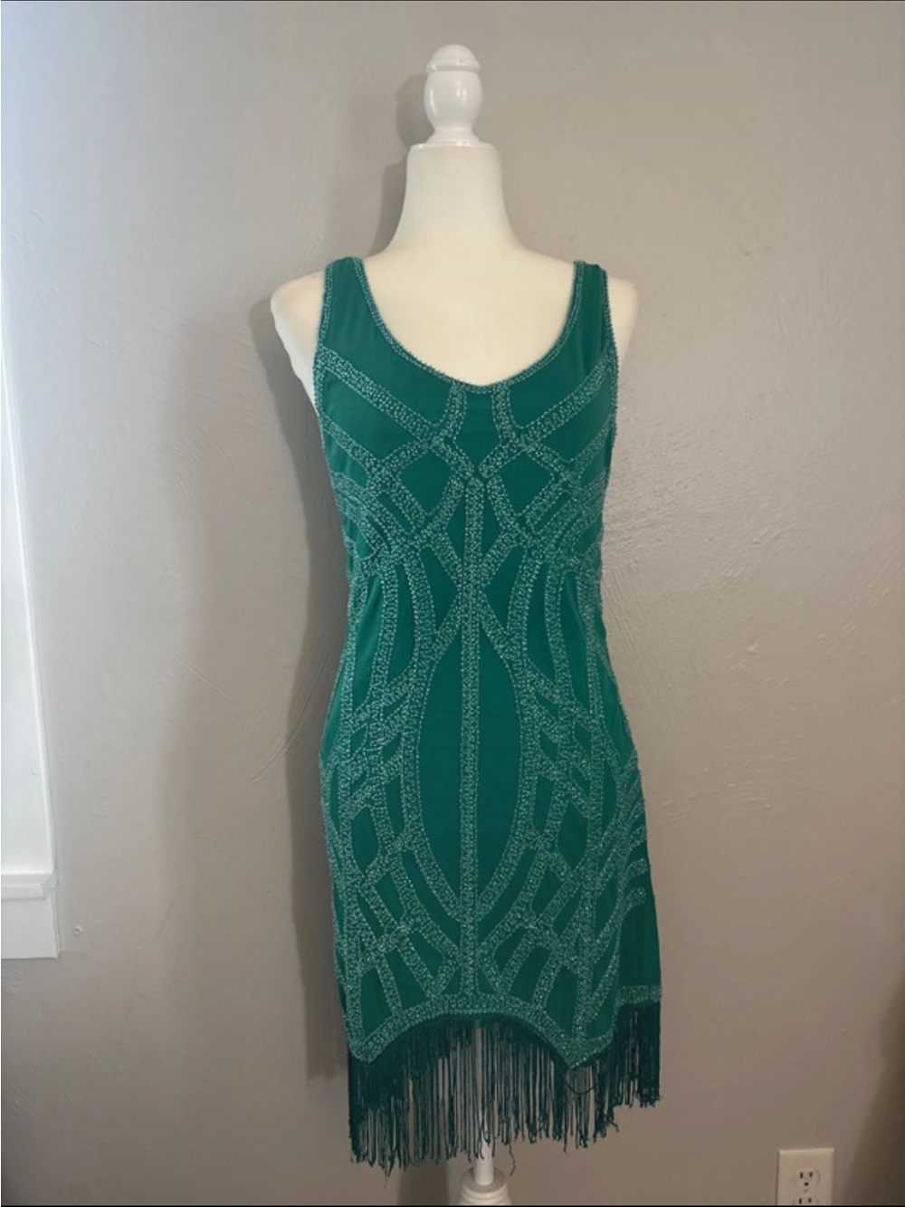 Verty Emerald Green Beaded Fringe Tank Dress